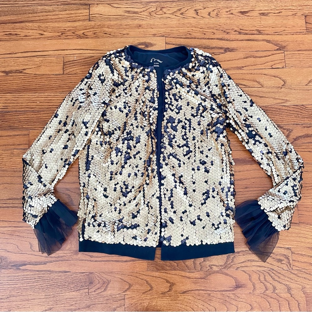 Target Art Class Gold Sequin Black Tulle Ruffle Sleeves Bomber Jacket Girl’s XL